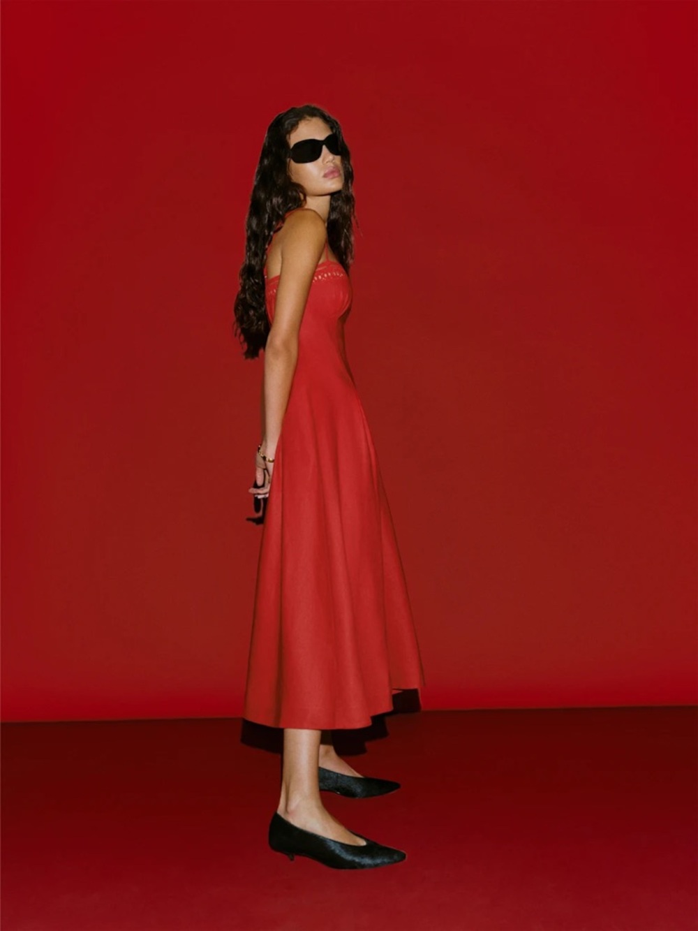 NEW Reformation Pomona Linen Lace Trim Midi Dress Lipstick Red | US 6 UK 10 - Picture 3 of 12